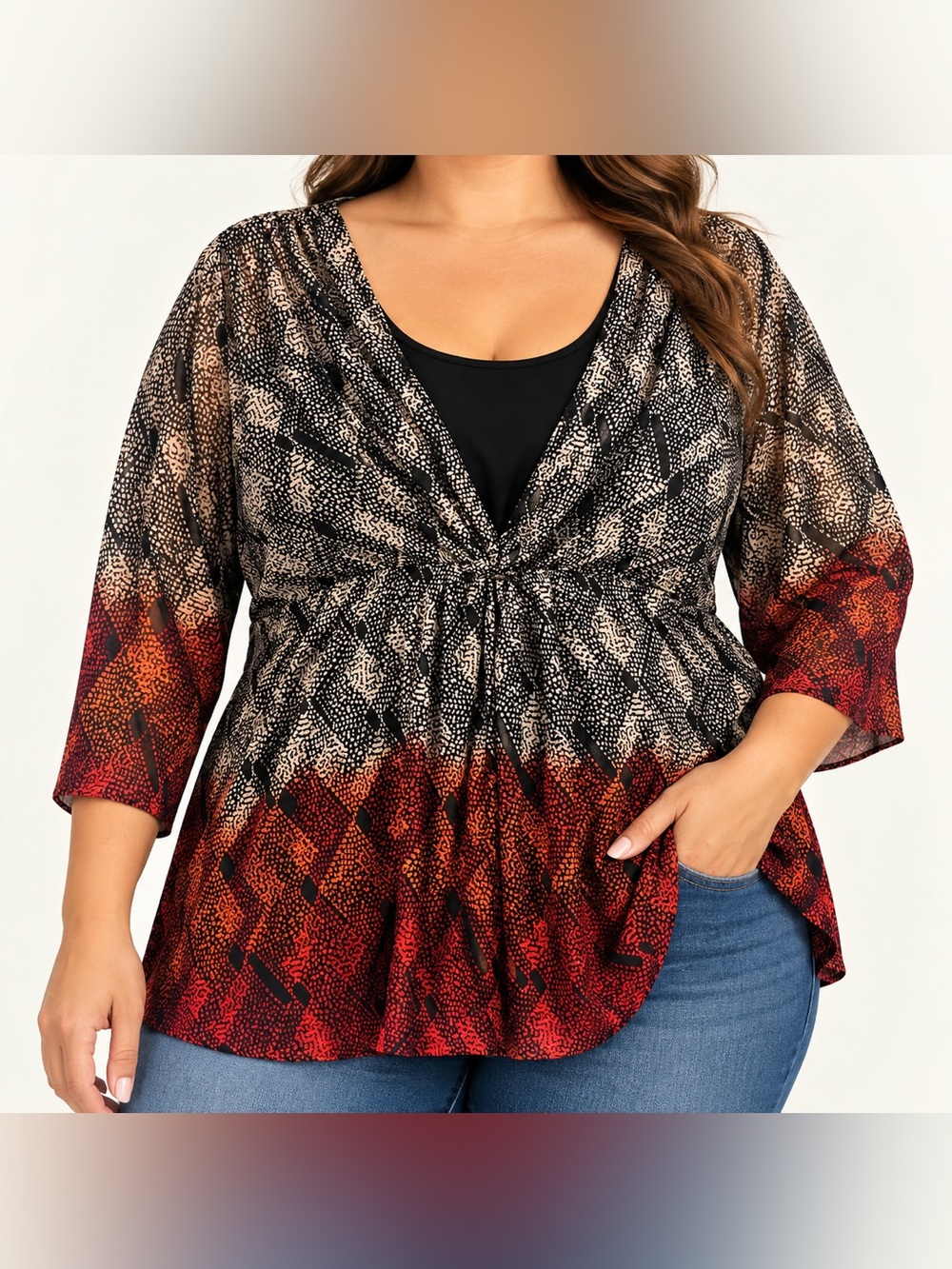 Perseption Plus-Size V-Neck Twist-Front Top in Black and Red Ombré Size 3X